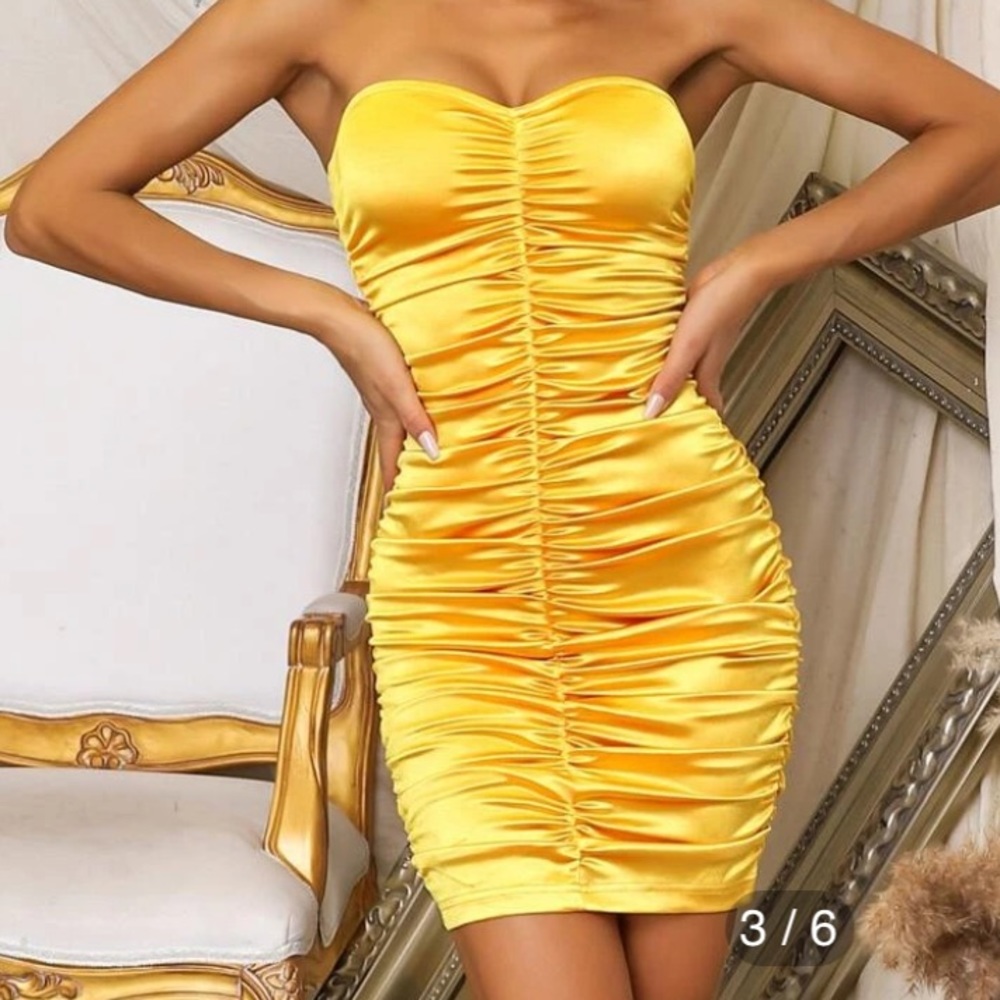 XS Shein Ruched Satin Yellow Tube Sleeveless Bodycon Dress Only Worn Once
